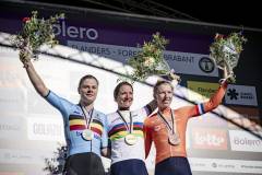 Yet another (variation of the) rainbow jersey for the legend that is  Marianne VOS (NED/Visma-Lease a bike) at the 3rd UCI Gravel World Championships 2024 - Flanders (BEL) with Lotte KOPECKY (BEL/SD Worx - Protime) second and Lorena WIEBES (NED/SDworx-Protime) third.©kramon